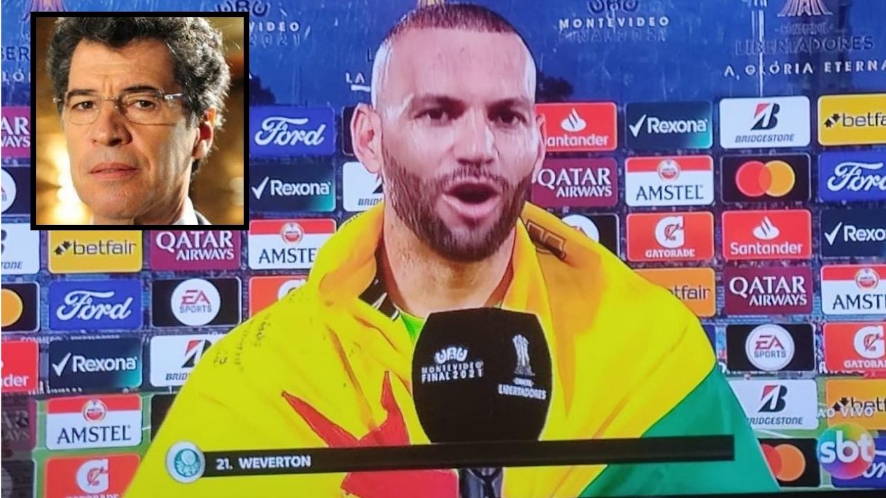 Weverton em entrevista depois de final contra Flamengo pela Libertadores e ator Paulo Betti no destaque (SBT/Globoplay/Montagem)