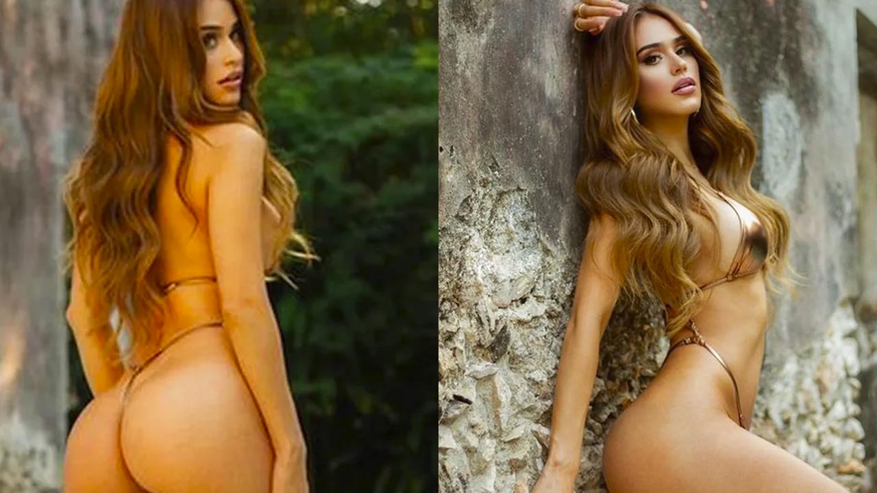 Yanet Garcia ostentou sua beleza com um minúsculo biquíni dourado e viralizou (Montagem/Instagram)