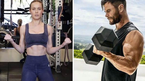 Os atores Brie Larson e Cris Hemsworth treinando para os papéis de Capitã Marvel e Thor