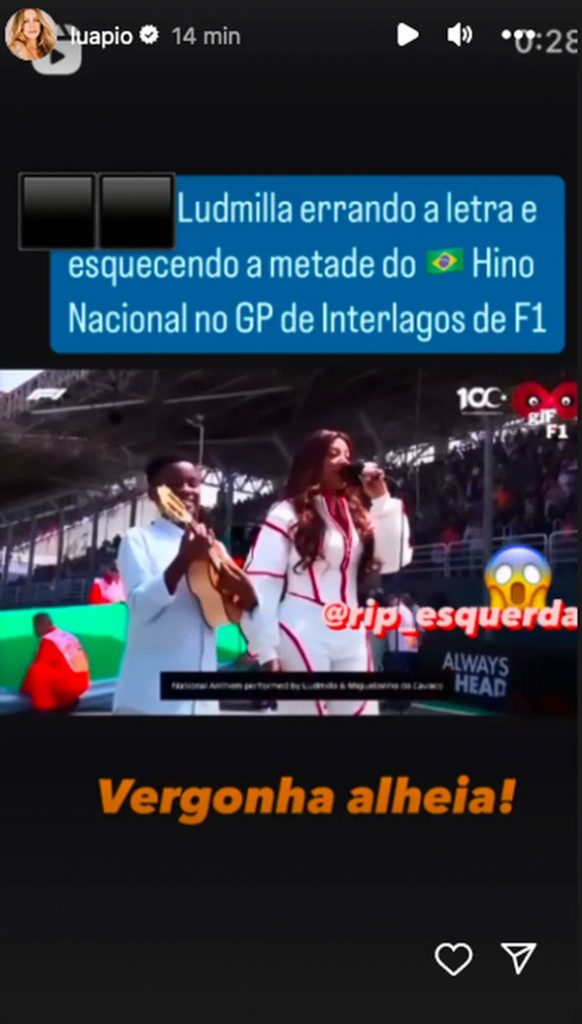 Luana Piovani repostou vídeo de Ludmilla cantando hino nacional