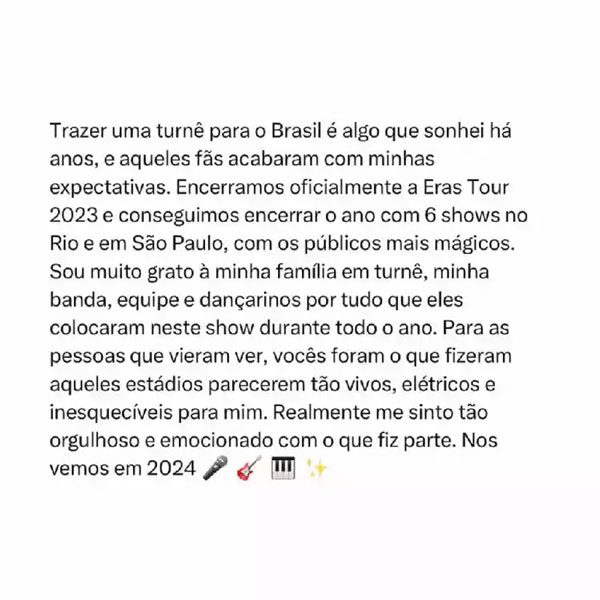 Texto de agradecimento publicado por Taylor Swift em seu Instagram