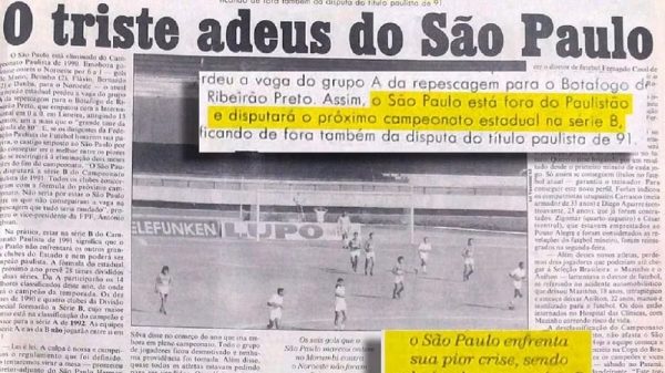 Jornal noticia o rebaixamento do São Paulo para Série B do Paulista (Foto: Reprodução)